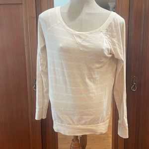 Long sleeve top Striped pullover white tan cotton spandex women size L large